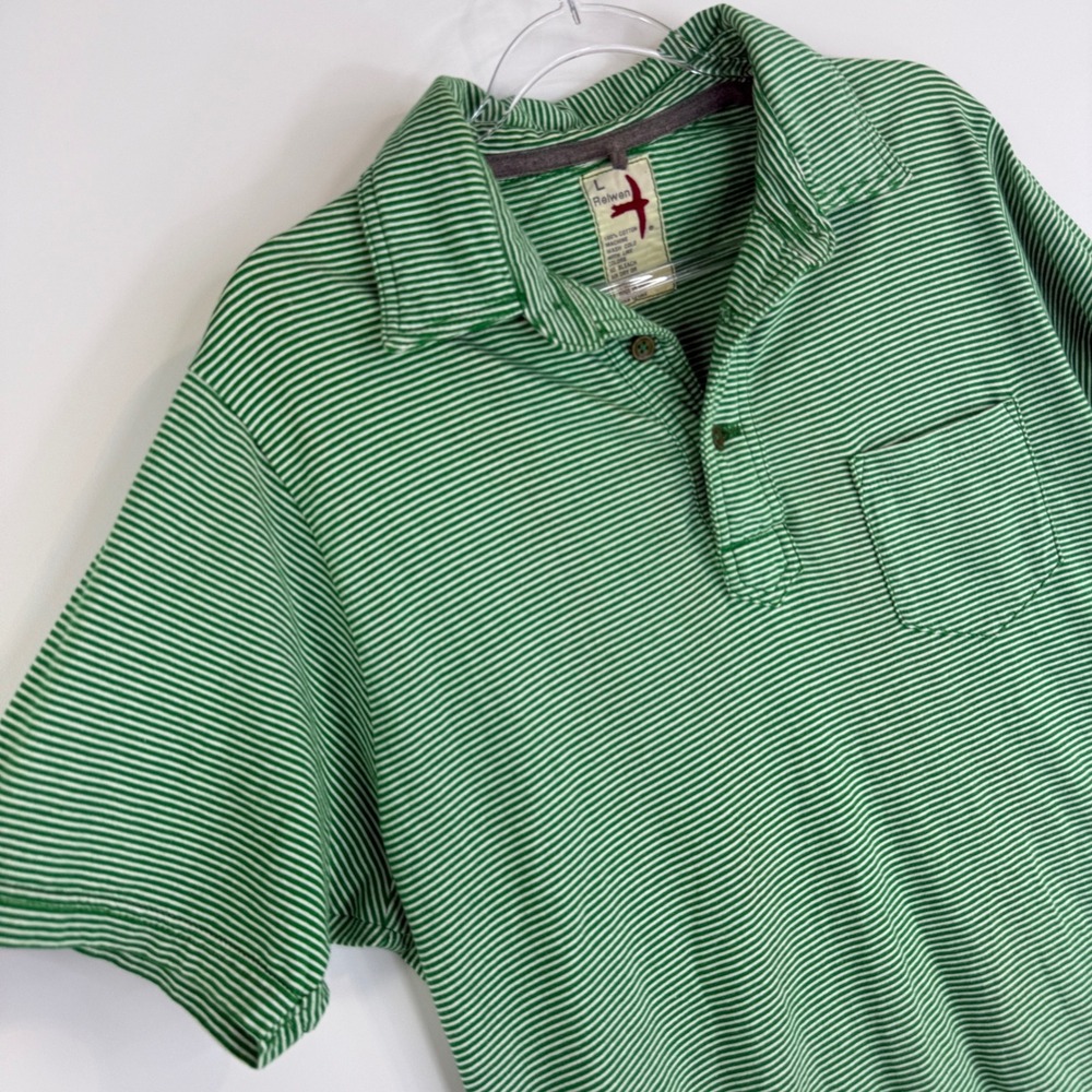 Relwen Polo Shirt Men Large Green White Striped Short Sleeve Cotton Pocket 13348